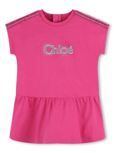 Chloé Babies' Logo-embroidered Organic Cotton Dress In Fuchsia