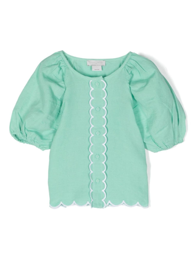 Stella Mccartney Kids' Scallop-edge Linen Blend Shirt In Green