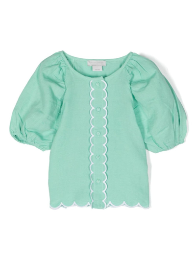 Stella Mccartney Kids' 扇贝形边亚麻混纺衬衫 In Green