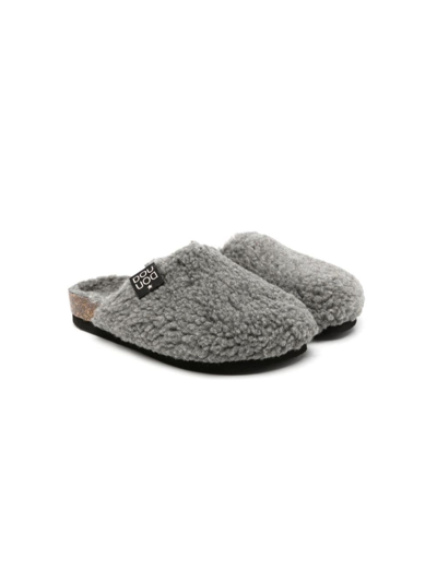 Douuod Kids' Logo-patch Faux-shearling Slippers In Grey