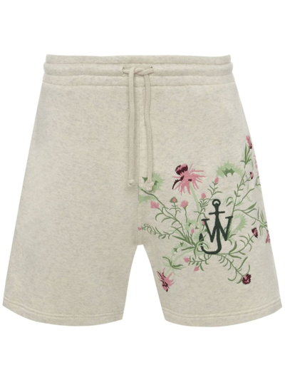Jw Anderson Floral-embroidered Cotton Shorts In 161 Oatmeal Melange