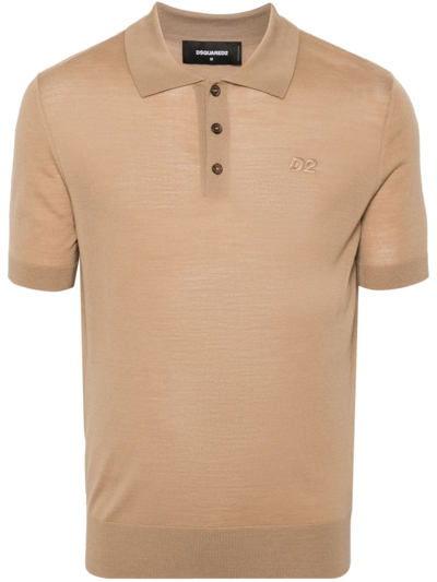 Dsquared2 Embroidered-logo Ribbed Polo Shirt In Beige