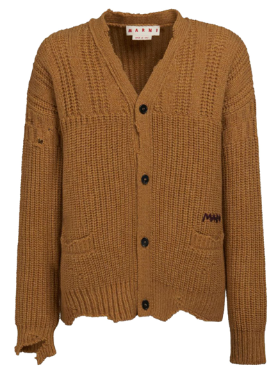 Marni Distressed-finish Cable-knit Cardigan In Beige
