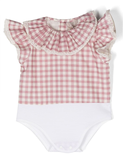 La Stupenderia Babies' 蕾丝边饰格纹连体衣 In Bianco+rosa