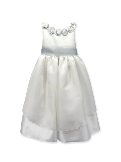 La Stupenderia Kids' Floral Appliqué Silk Satin Dress In White