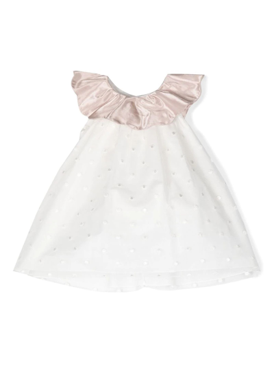 La Stupenderia Babies' Embroidered Ruffle-neck Cotton Dress In White