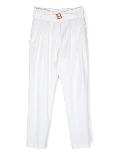 Balmain Kids' Pleat-detail Wool Trousers In Bianco/oro