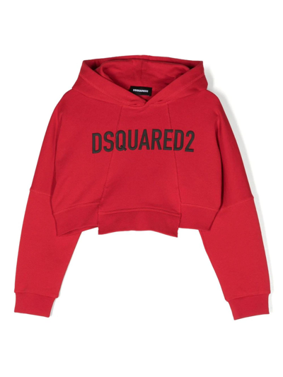 Dsquared2 Kids' Logo-print Asymmetric Cropped Hoodie In Red
