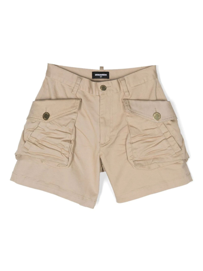 Dsquared2 Kids' Logo-plaque Stretch-cotton Shorts In Neutrals