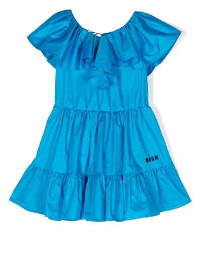Msgm Teen Girls Blue Cotton Ruffle Logo Dress In Clear Blue