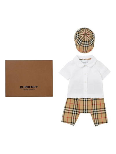 Burberry Babies' Check Cotton Trousers Set In Grey