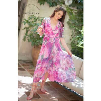 Eva Lucia Hope & Ivy-the Tessa Flutter Sleeve Maxi Wrap Dress With Tie Waist In Pink