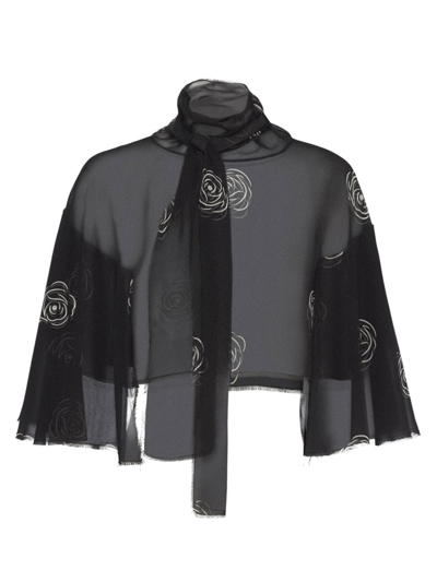 Prada Rose-print Georgette Cape In Black