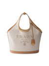 PRADA WOMEN'S LARGE LINEN BLEND AND LEATHER TOTE BAG