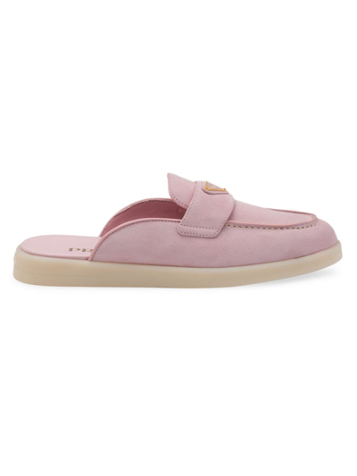 Prada Logo-plaque Suede Mules In Alabaster Pink