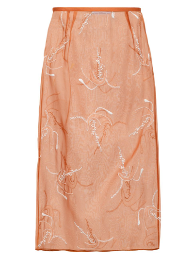 Prada Floral-embroidered Silk Pencil Skirt In Rust