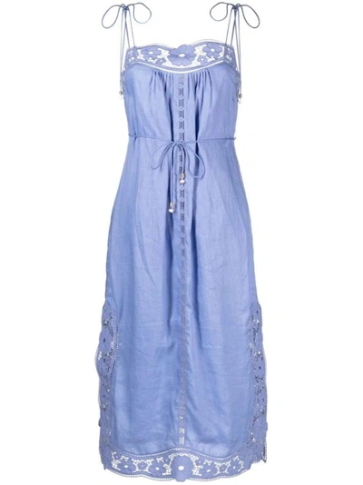 Zimmermann August Belted Broderie Anglaise-trimmed Linen Midi Dress In Blue