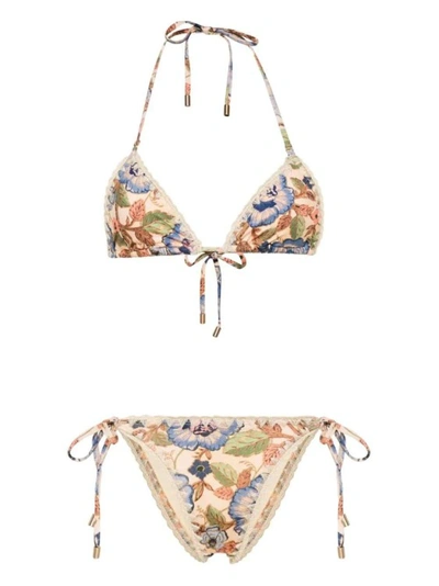 Zimmermann Junie Metallic Crochet-trimmed Floral-print Triangle Bikini In Neutrals