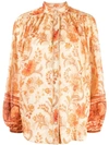Zimmermann Junie Gathered Embellished Floral-print Ramie Blouse In Orange