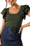 Petal And Pup Loren Ruffle Sleeve Rib Top In Olive