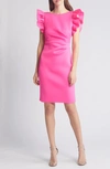 Eliza J Ruffle Sleeve Satin Cocktail Sheath Dress In Hot Pink
