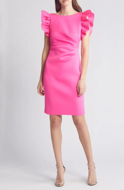 Eliza J Ruffle Sleeve Satin Cocktail Sheath Dress In Hot Pink