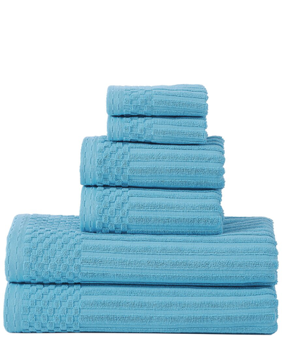 Superior Highly Absorbent 6pc Solid And Checkered Border Cotton Towel Set In Blue