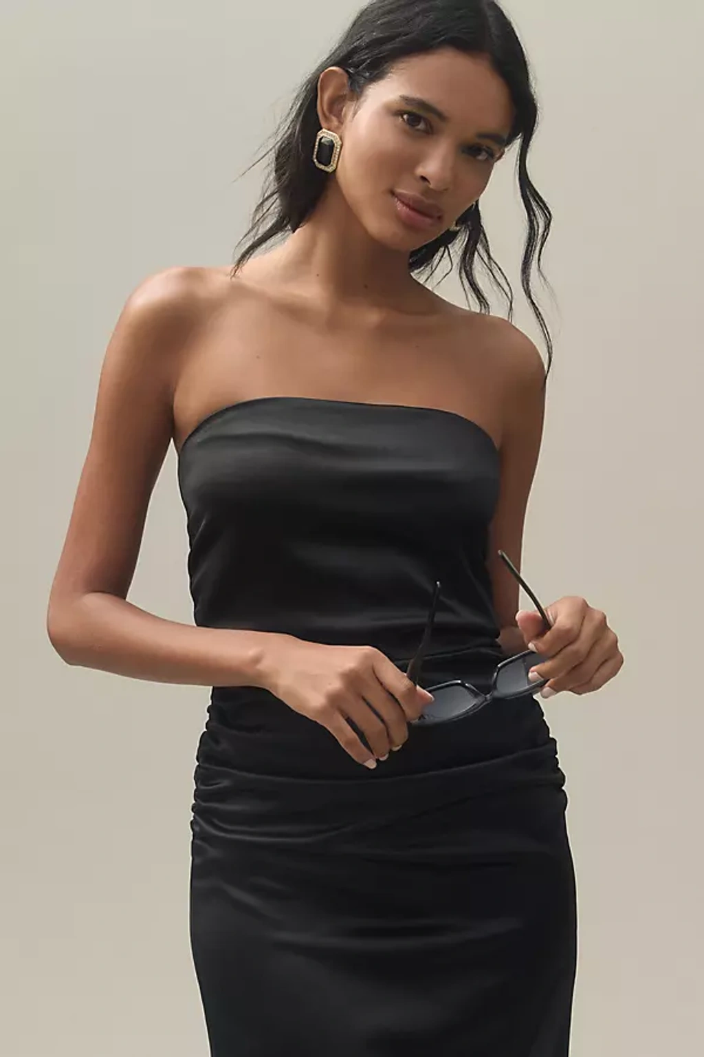 bhldn selena strapless stretch satin midi dress BHLDN Selena Strapless Stretch Satin Midi Dress
