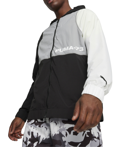 Puma Men's Winners Circle Colorblocked Full-zip Hooded Jacket In  White- Black-stormy Slate