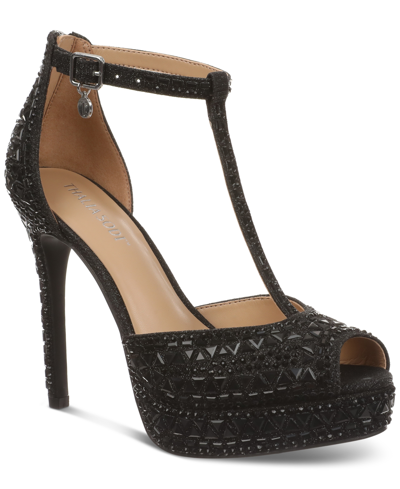 Thalia Sodi Chacey Womens Faux Suede Peep Toe T-strap Sandals In Black