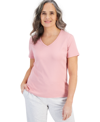 Style & Co Women's Short Sleeve V-neck Cotton Top, Created For Macy's In Fresh Carnation