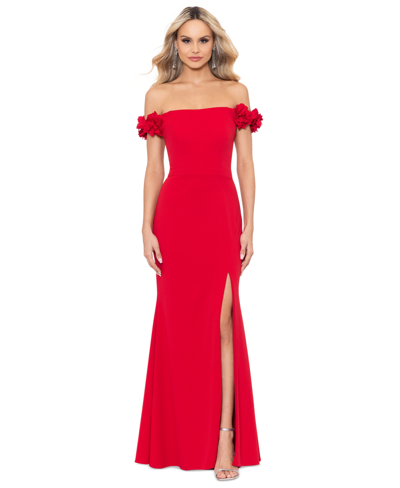 Xscape Petite Off-the-shoulder Scuba Crepe Gown In Red