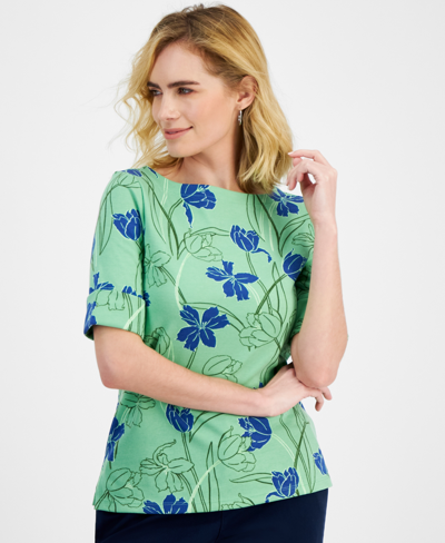 Style & Co Petite Tulip Menagerie Elbow-sleeve Knit Top, Created For Macy's In Tulip Green