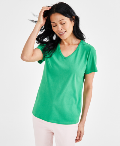 Style & Co Women's Short Sleeve V-neck Cotton Top, Created For Macy's In Hampton Green