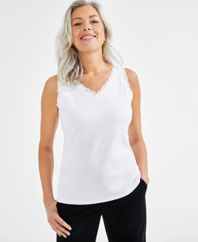 Style & Co Women's Lace-trim Cotton Tank Top, Created For Macy's In Bright White