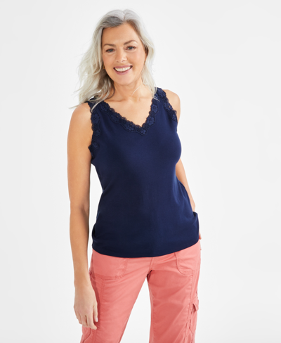 Style & Co Women's Lace-trim Cotton Tank Top, Created For Macy's In Industrial Blue