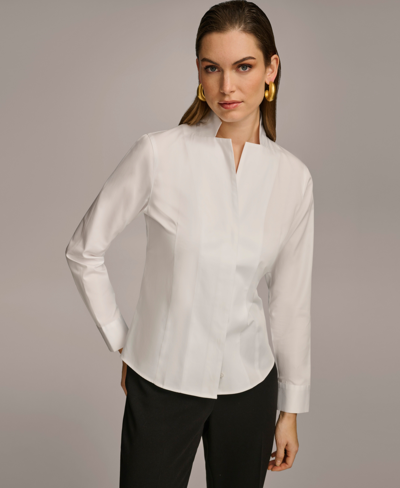Donna Karan Women's Stand Collar Button Front Cotton Shirt In White