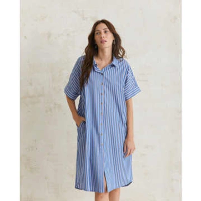 Yerse Cotton Poplin Striped Shirt Dress In Blue