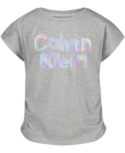 Calvin Klein Kids' Performance Big Girls Balloon Logo Rounched T-shirt In Light Gray Heather