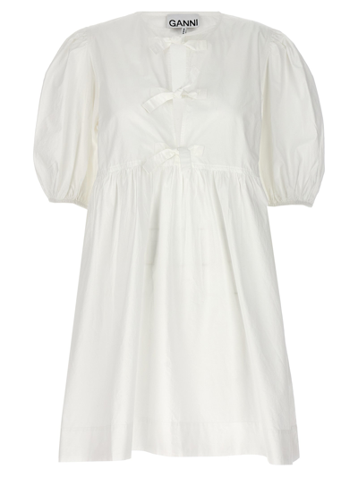 Ganni Bow Front Puff Sleeve Organic Cotton Dress In White