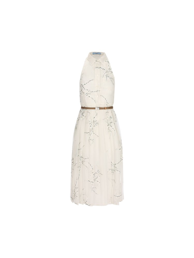 Prada Sleeveless Belted Midi Shirt Dress In Bianco