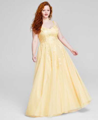 Say Yes Trendy Plus Size Strappy Sequin Floral-embroidery Ball Gown, Created For Macy's In Lemon