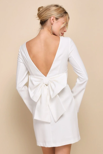 Lulus Elegant Cutie Ivory Bow Long Sleeve Backless Mini Dress