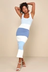 Lulus Easily Gorgeous Ivory And Light Blue Striped Midi Sweater Dress In Light Blue