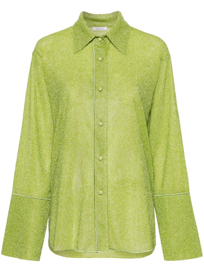 Oseree Metallic-threading Bell-sleeve Shirt In Green