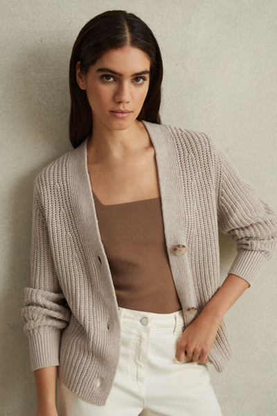 Reiss Ariana - Neutral Cotton Blend Knitted Cardigan, L