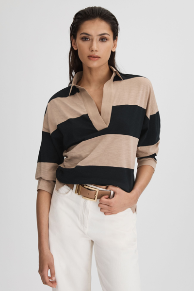 Reiss Abigail - Black/camel Striped Cotton Open-collar T-shirt, L