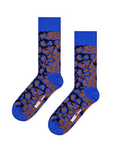 Happy Socks Men's  X Awake Ny Leopard Crew Socks In Blue Brown