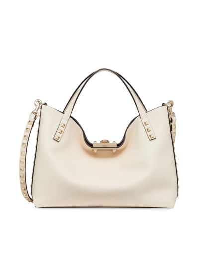 Valentino Garavani Women's Small Rockstud Grainy Calfskin Bag With Contrasting Lining In White