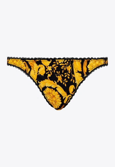 Versace Barocco Print Lace-trimmed Thong In Black